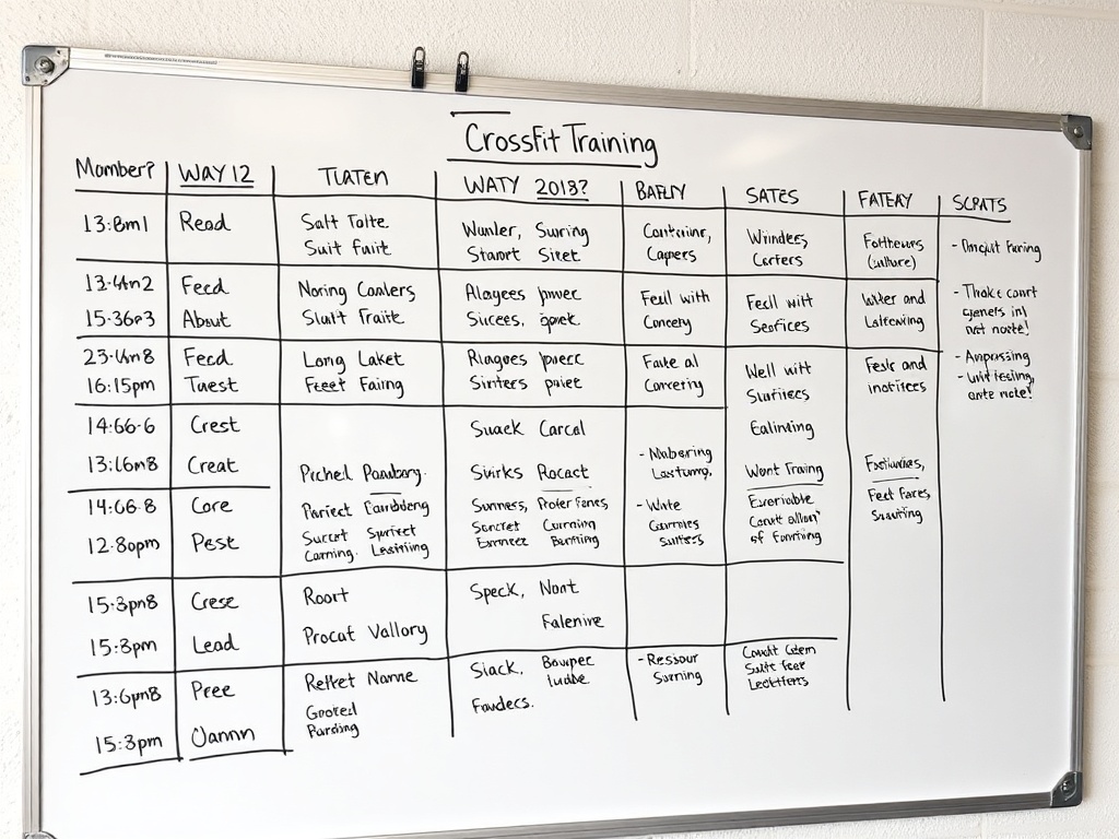 화이트보드에 상세하게 적힌 크로스핏 인터벌 훈련 계획표